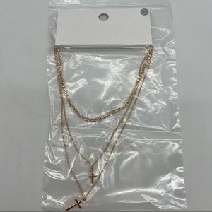 NWT Gold 3 Layered Necklace Women Cross Charm Lobster Clasp